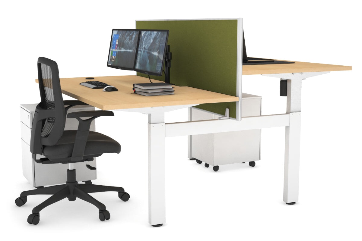 Just Right Height Adjustable 2 Person H-Bench Workstation - White Frame [1600L x 800W with Cable Scallop]-maple green moss (820H x 1600W) none