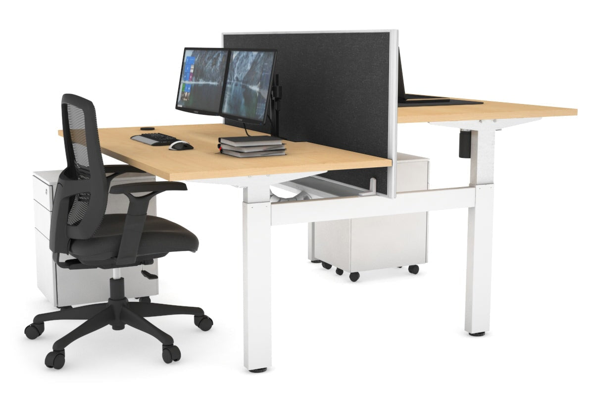 Just Right Height Adjustable 2 Person H-Bench Workstation - White Frame [1600L x 800W with Cable Scallop]-maple moody charcoal (820H x 1600W) white cable tray