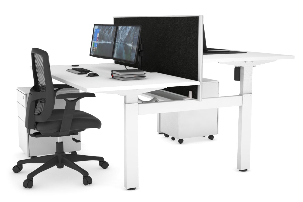Just Right Height Adjustable 2 Person H-Bench Workstation - White Frame [1600L x 800W with Cable Scallop]-dark oak moody charcoal (820H x 1600W) white cable tray