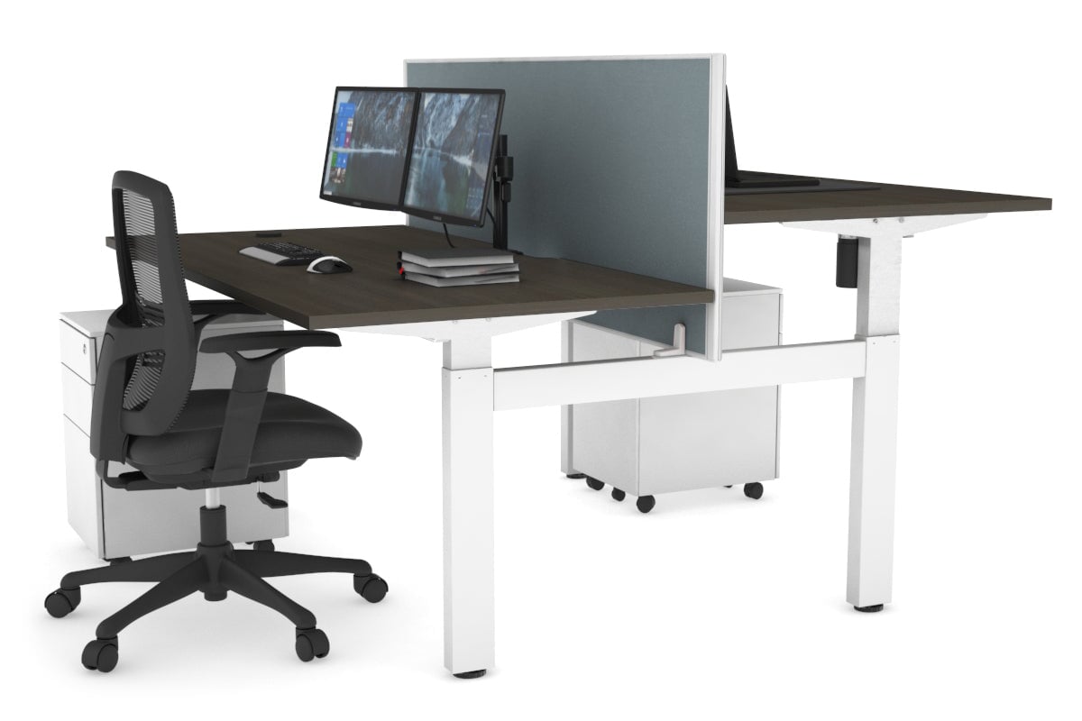 Just Right Height Adjustable 2 Person H-Bench Workstation - White Frame [1600L x 800W with Cable Scallop]-dark oak moody charcoal (820H x 1600W) white cable tray