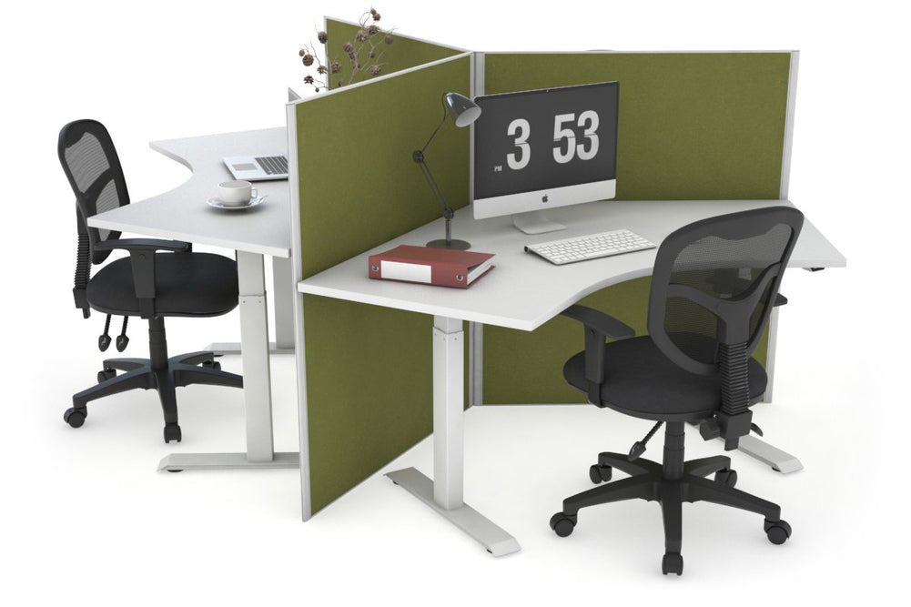 Just Right Height Adjustable 3 Person 120 Degree Workstation-white green moss (1200H x 1200W) 