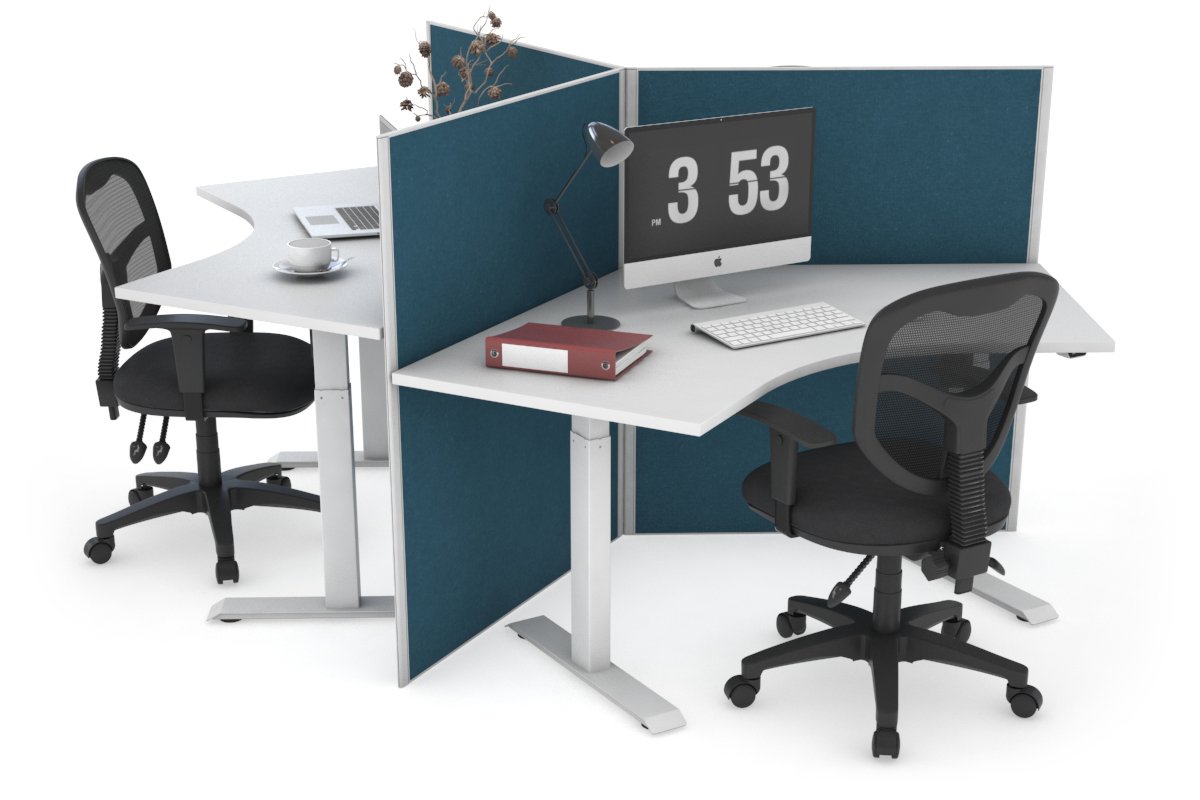 Just Right Height Adjustable 3 Person 120 Degree Workstation Jasonl white deep blue (1200H x 1200W) 