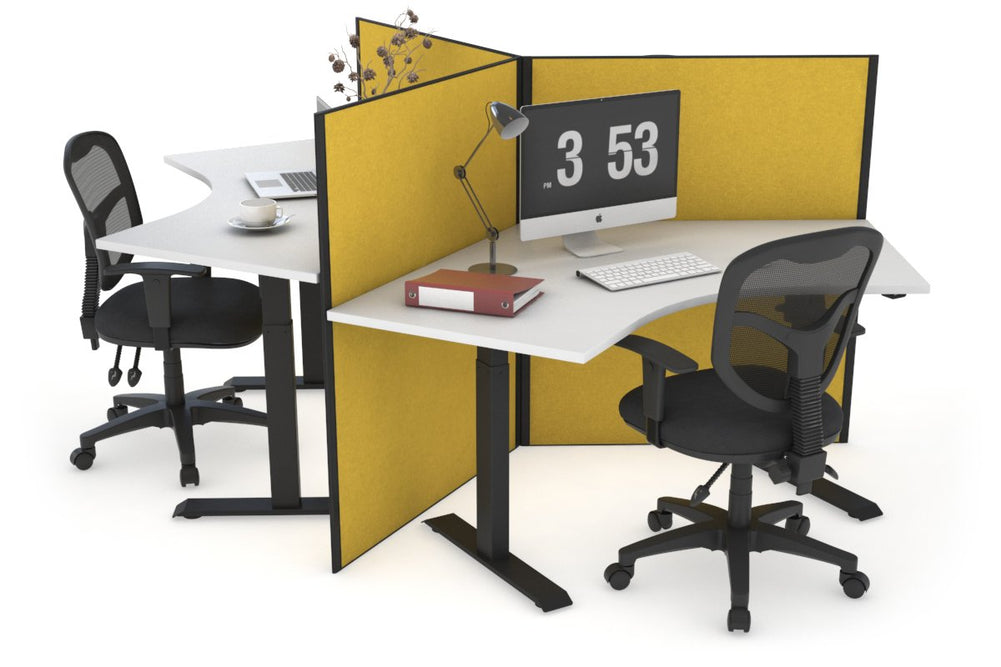 Just Right Height Adjustable 3 Person 120 Degree Workstation-black mustard yellow (1200H x 1200W) 