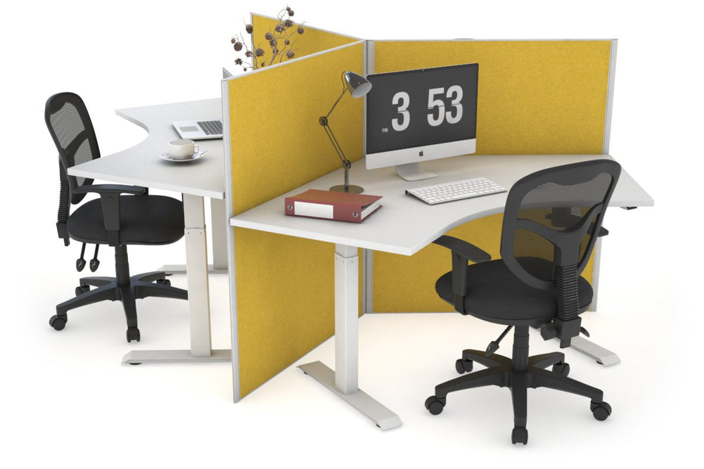 Just Right Height Adjustable 3 Person 120 Degree Workstation-white mustard yellow (1200H x 1200W) 