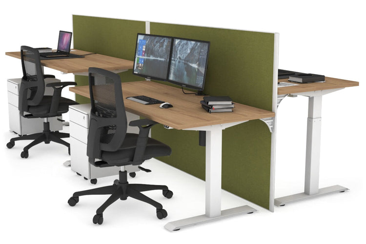 Just Right Height Adjustable 4 Person Bench Workstation [1200L x 700W] Jasonl white leg salvage oak green moss (1200H x 1200W)