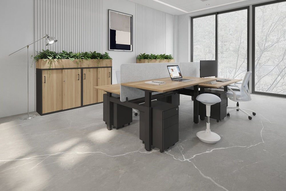 Just Right Height Adjustable 4 Person Bench Workstation [1200L x 700W]-black leg dark oak moody charcoal (1200H x 1200W)