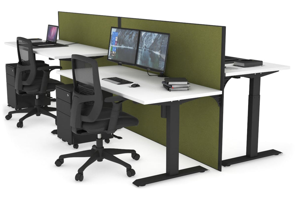 Just Right Height Adjustable 4 Person Bench Workstation [1200L x 700W]-black leg white green moss (1200H x 1200W)