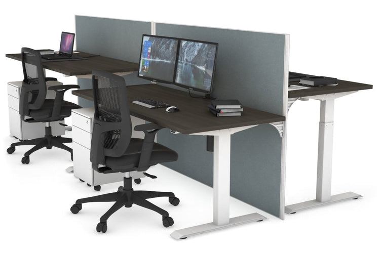 Just Right Height Adjustable 4 Person Bench Workstation [1200L x 700W] Jasonl white leg dark oak cool grey (1200H x 1200W)