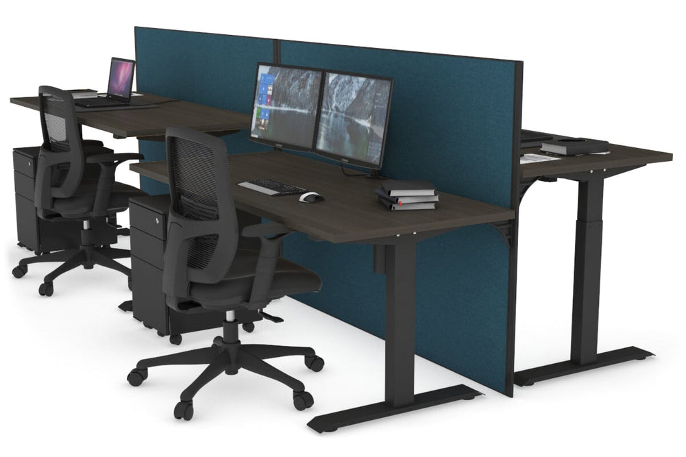 Just Right Height Adjustable 4 Person Bench Workstation [1200L x 700W]-black leg dark oak deep blue (1200H x 1200W)