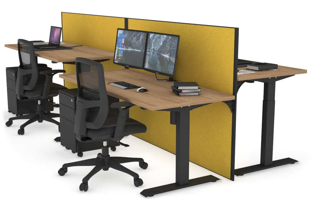 Just Right Height Adjustable 4 Person Bench Workstation [1200L x 700W]-black leg salvage oak mustard yellow (1200H x 1200W)