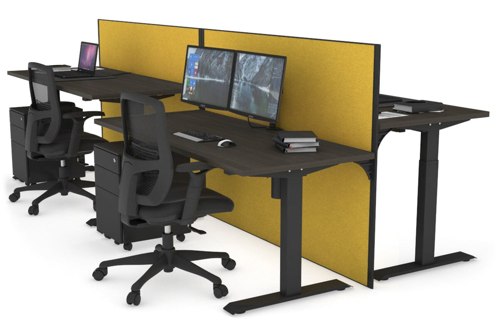 Just Right Height Adjustable 4 Person Bench Workstation [1200L x 700W]-black leg dark oak mustard yellow (1200H x 1200W)