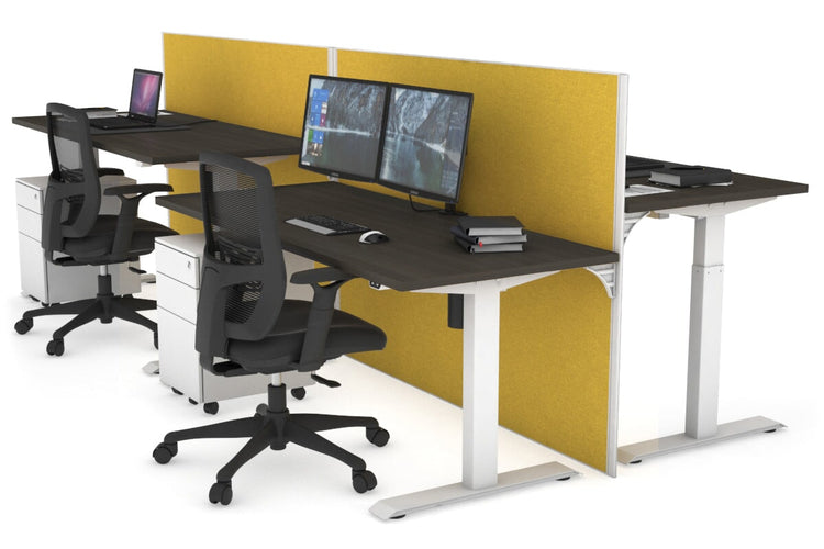 Just Right Height Adjustable 4 Person Bench Workstation [1200L x 700W] Jasonl white leg dark oak mustard yellow (1200H x 1200W)