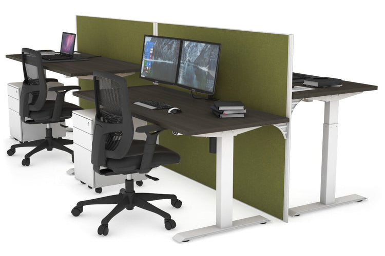 Just Right Height Adjustable 4 Person Bench Workstation [1200L x 700W] Jasonl white leg dark oak green moss (1200H x 1200W)