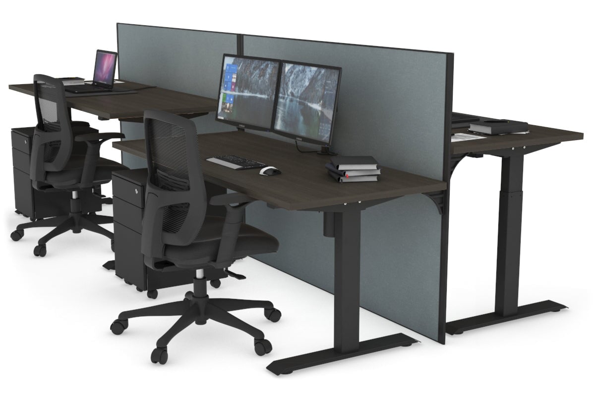 Just Right Height Adjustable 4 Person Bench Workstation [1200L x 700W] Jasonl black leg dark oak cool grey (1200H x 1200W)