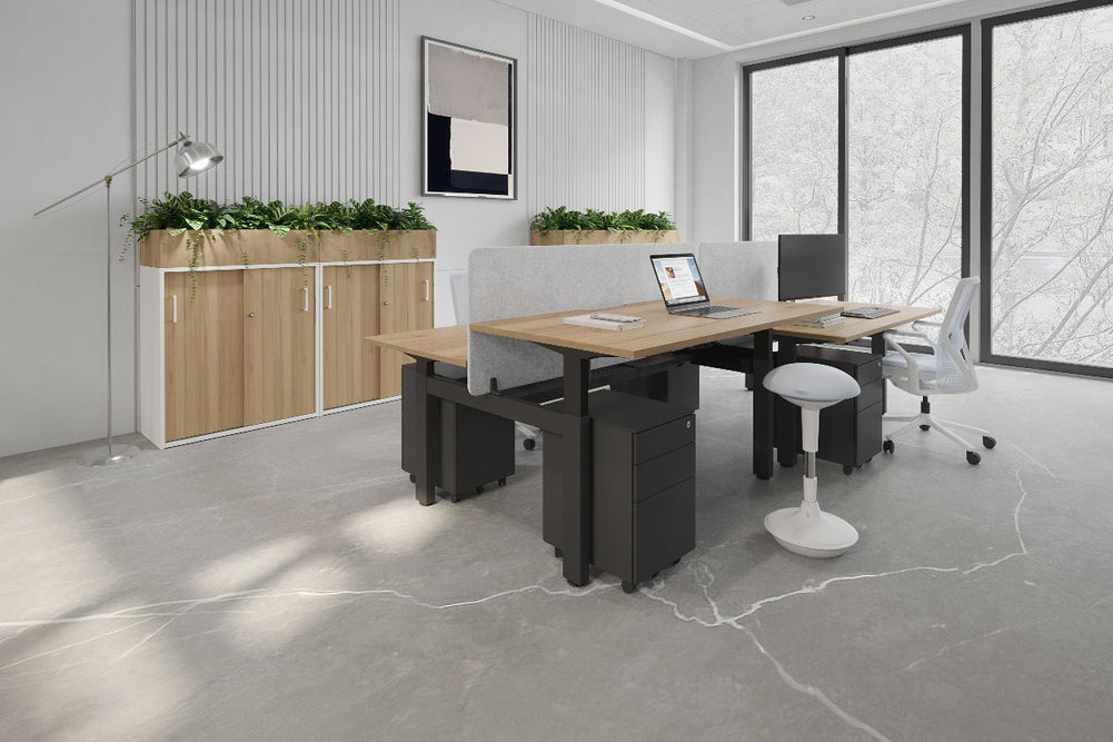 Just Right Height Adjustable 4 Person Bench Workstation [1200L x 800W with Cable Scallop]-black leg dark oak moody charcoal (1200H x 1200W)