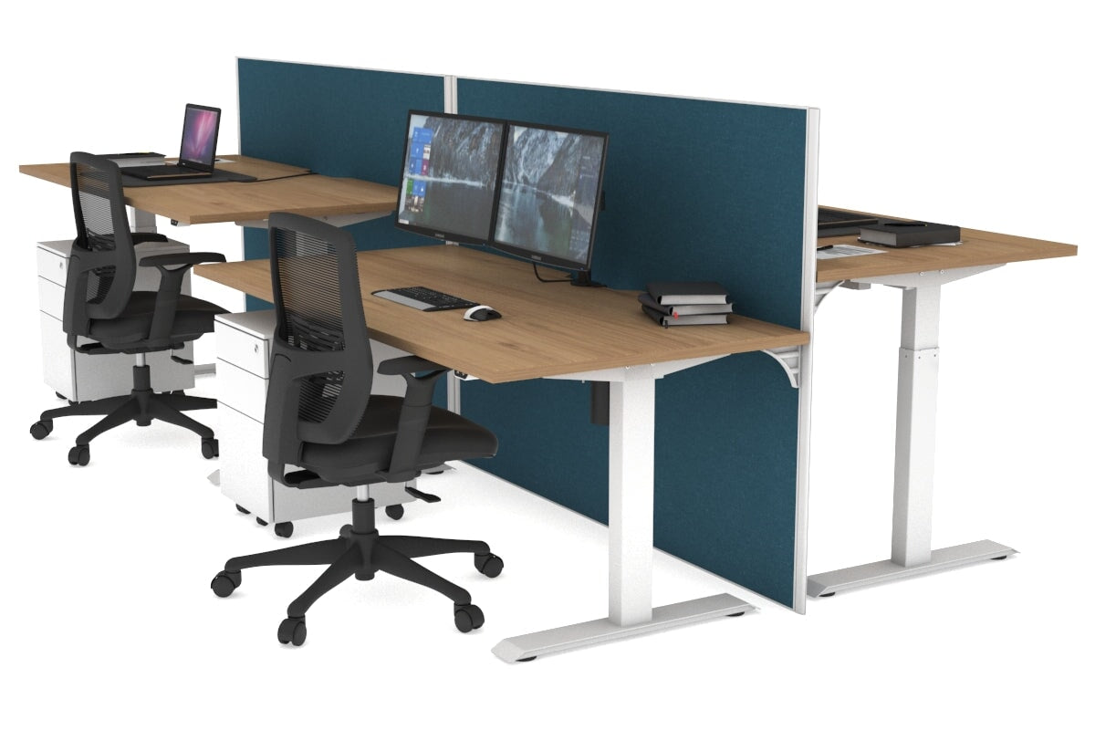 Just Right Height Adjustable 4 Person Bench Workstation [1200L x 800W with Cable Scallop] Jasonl white leg salvage oak deep blue (1200H x 1200W)