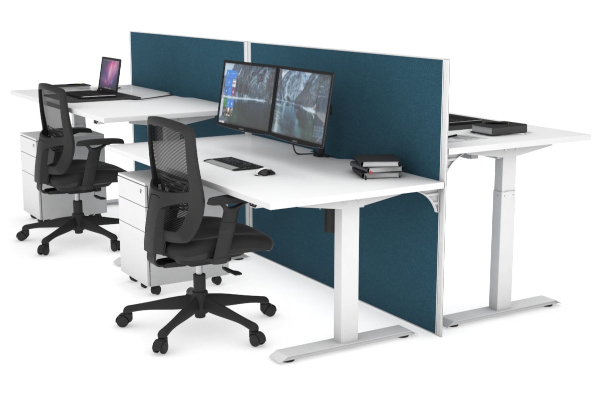 Just Right Height Adjustable 4 Person Bench Workstation [1200L x 800W with Cable Scallop] Jasonl white leg white deep blue (1200H x 1200W)