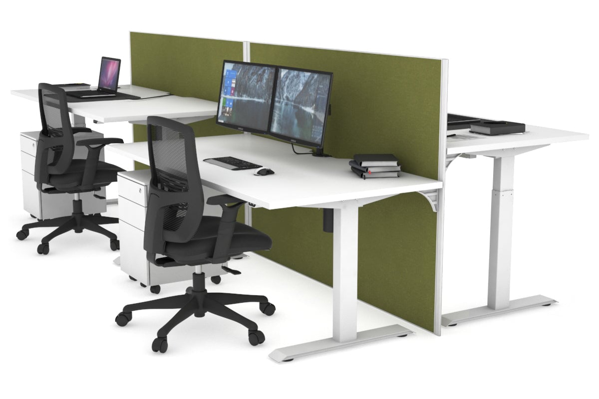 Just Right Height Adjustable 4 Person Bench Workstation [1200L x 800W with Cable Scallop] Jasonl white leg white green moss (1200H x 1200W)