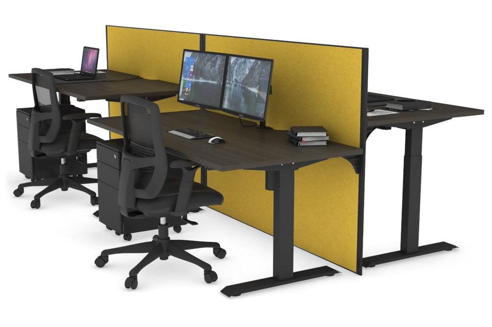 Just Right Height Adjustable 4 Person Bench Workstation [1200L x 800W with Cable Scallop]-black leg dark oak mustard yellow (1200H x 1200W)
