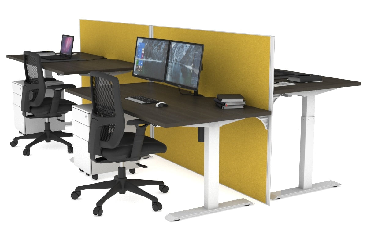 Just Right Height Adjustable 4 Person Bench Workstation [1200L x 800W with Cable Scallop] Jasonl white leg dark oak mustard yellow (1200H x 1200W)