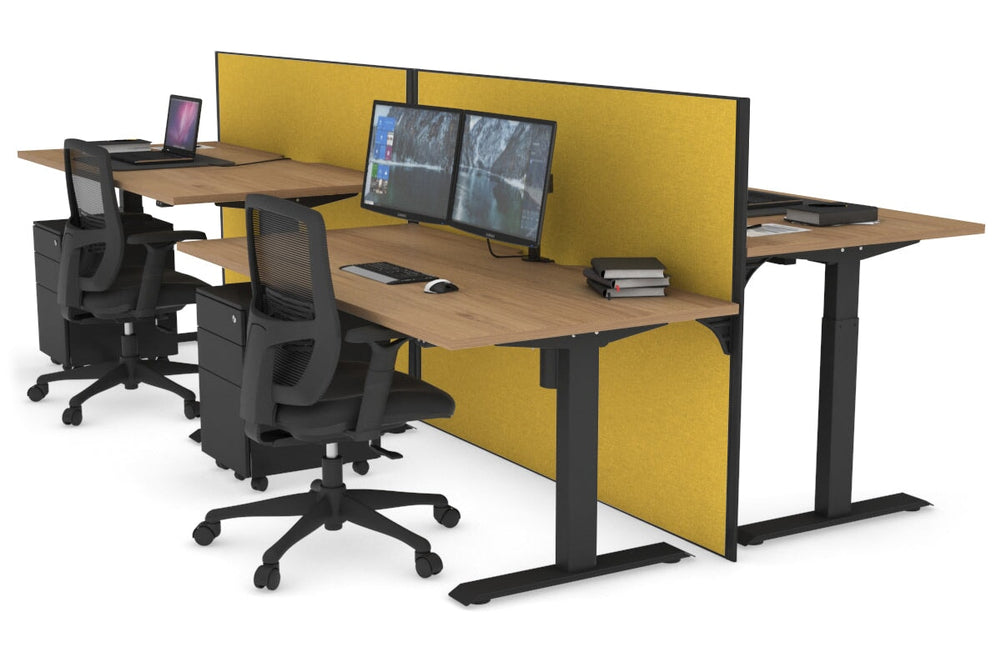 Just Right Height Adjustable 4 Person Bench Workstation [1200L x 800W with Cable Scallop]-black leg salvage oak mustard yellow (1200H x 1200W)