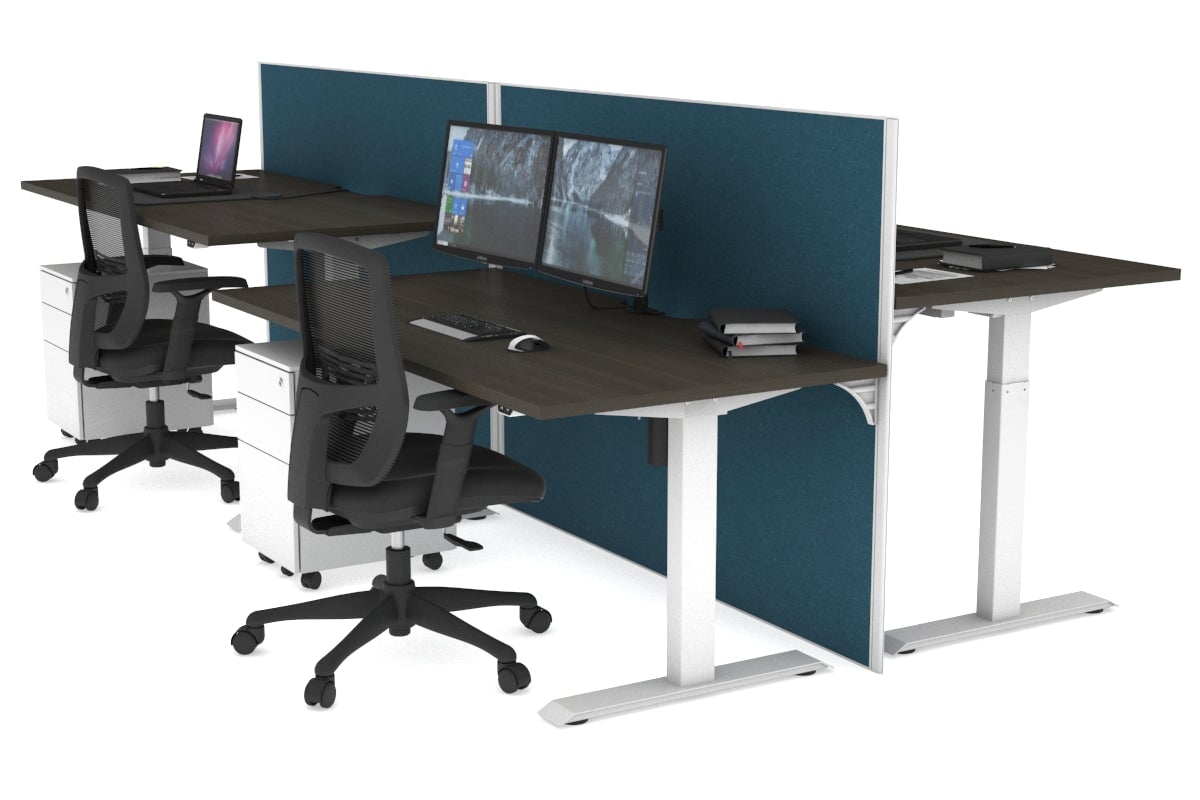 Just Right Height Adjustable 4 Person Bench Workstation [1200L x 800W with Cable Scallop] Jasonl white leg dark oak deep blue (1200H x 1200W)