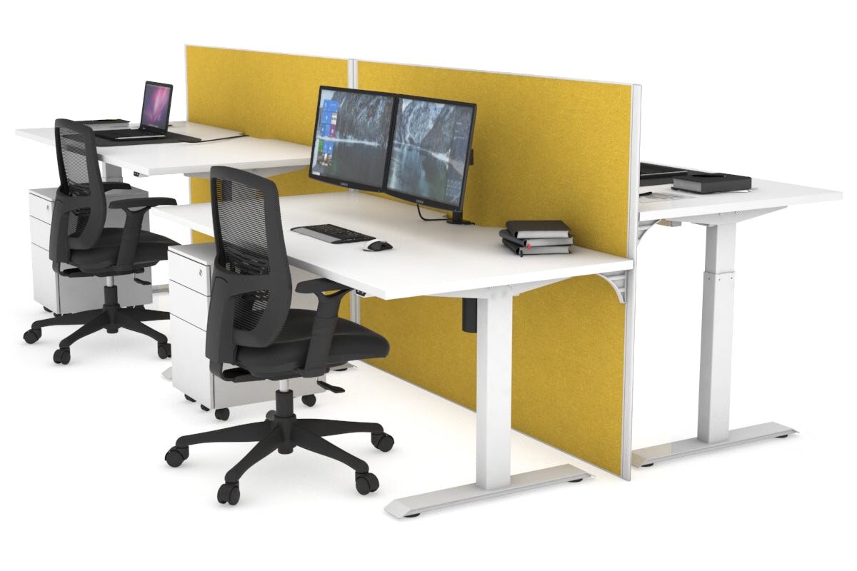 Just Right Height Adjustable 4 Person Bench Workstation [1200L x 800W with Cable Scallop] Jasonl white leg white mustard yellow (1200H x 1200W)