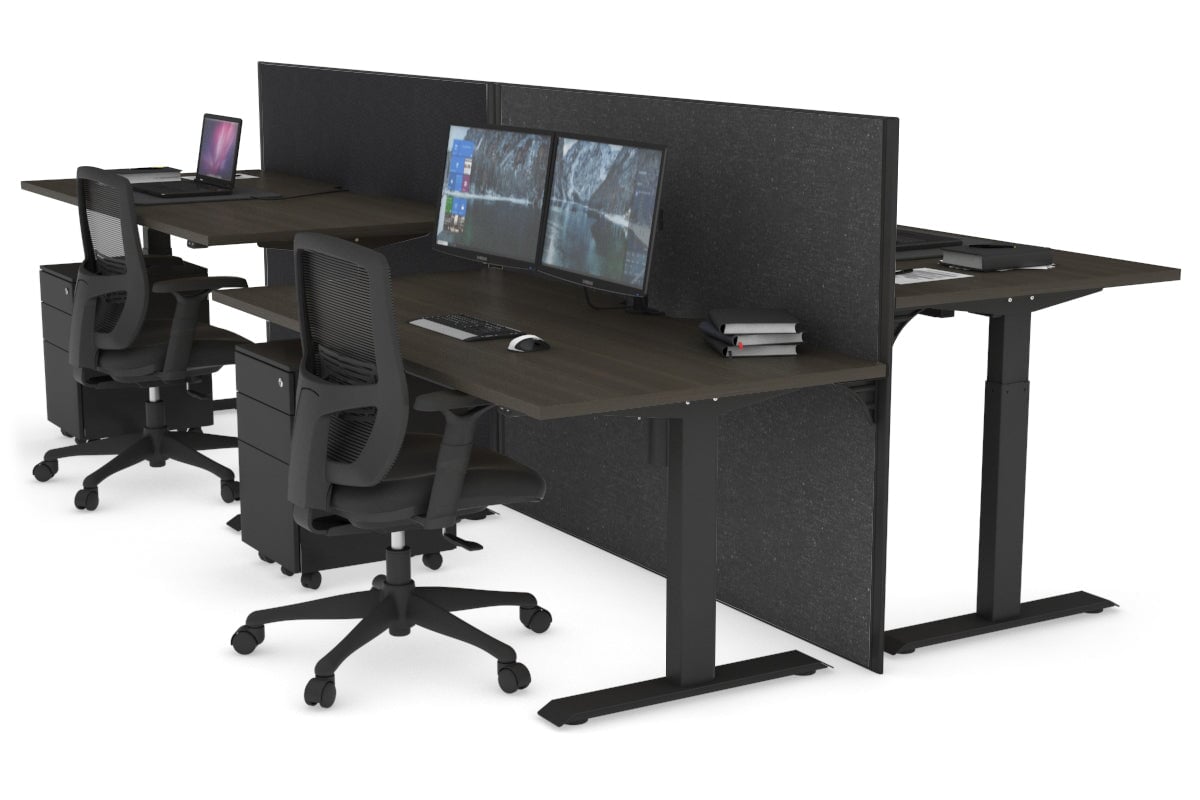 Just Right Height Adjustable 4 Person Bench Workstation [1200L x 800W with Cable Scallop] Jasonl black leg dark oak moody charchoal (1200H x 1200W)