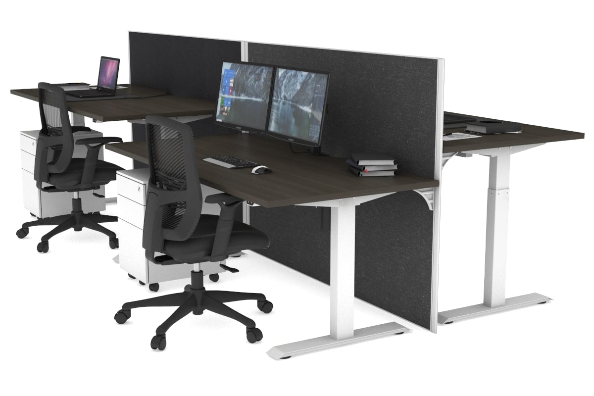 Just Right Height Adjustable 4 Person Bench Workstation [1200L x 800W with Cable Scallop] Jasonl white leg dark oak moody charchoal (1200H x 1200W)