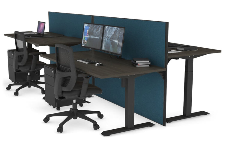 Just Right Height Adjustable 4 Person Bench Workstation [1200L x 800W with Cable Scallop] Jasonl black leg dark oak deep blue (1200H x 1200W)