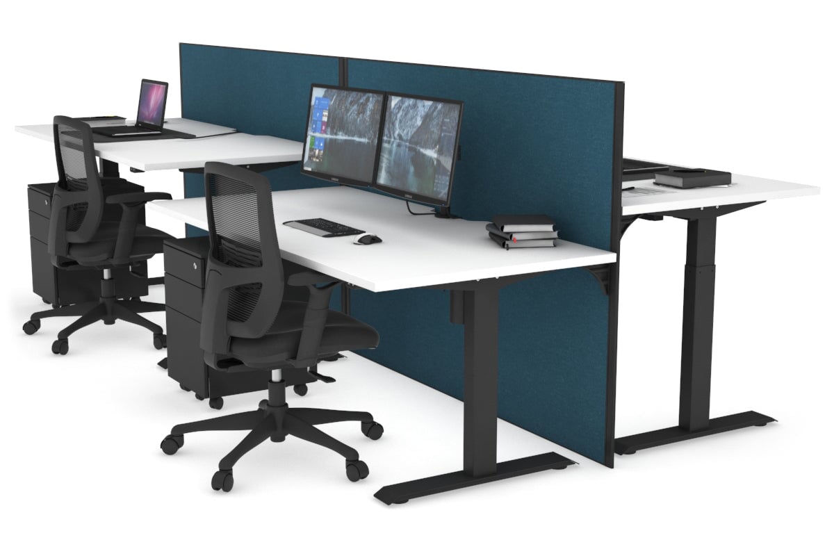 Just Right Height Adjustable 4 Person Bench Workstation [1200L x 800W with Cable Scallop] Jasonl black leg white deep blue (1200H x 1200W)
