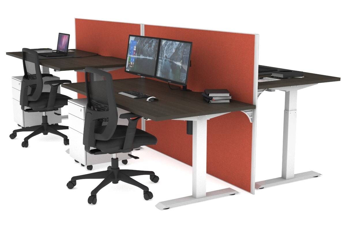 Just Right Height Adjustable 4 Person Bench Workstation [1200L x 800W with Cable Scallop] Jasonl white leg dark oak orange squash (1200H x 1200W)