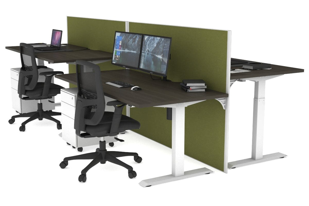 Just Right Height Adjustable 4 Person Bench Workstation [1200L x 800W with Cable Scallop]-white leg dark oak green moss (1200H x 1200W)