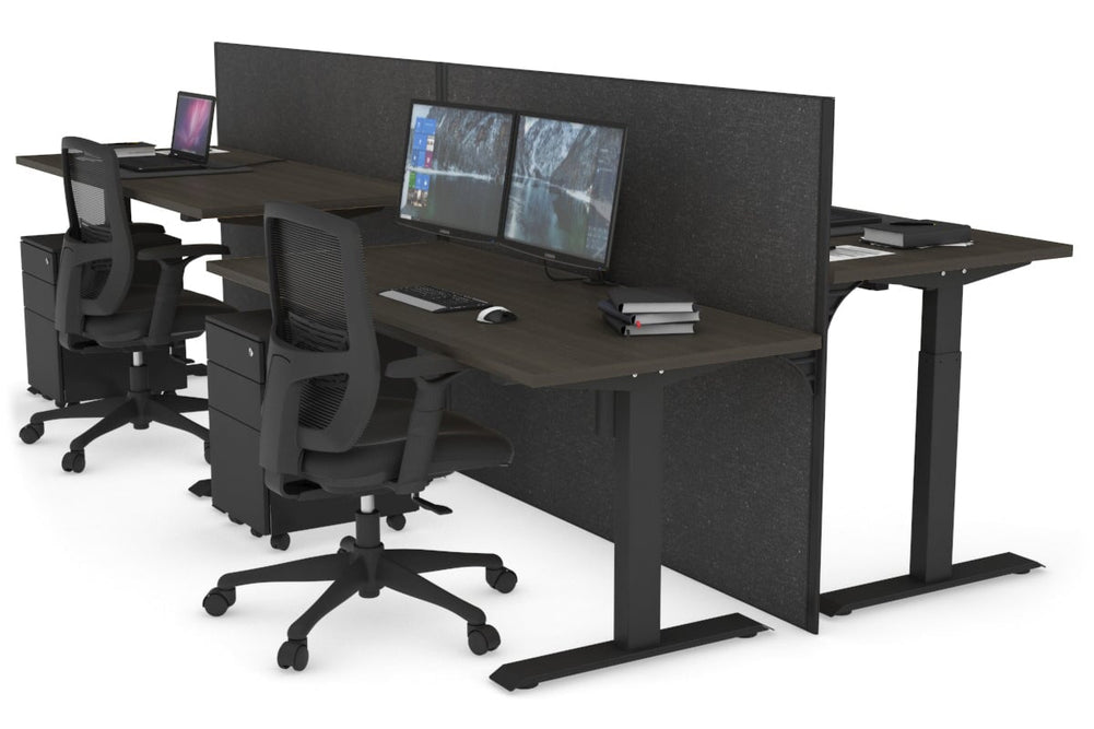Just Right Height Adjustable 4 Person Bench Workstation [1400L x 700W]-black leg dark oak moody charcoal (1200H x 1400W)
