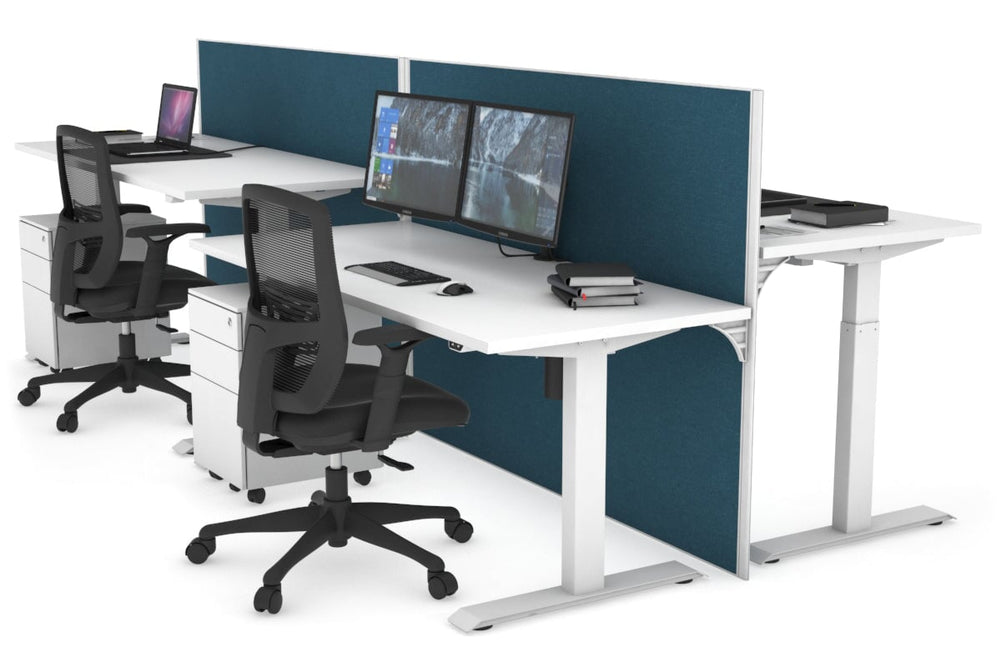 Just Right Height Adjustable 4 Person Bench Workstation [1400L x 700W]-white leg white deep blue (1200H x 1400W)