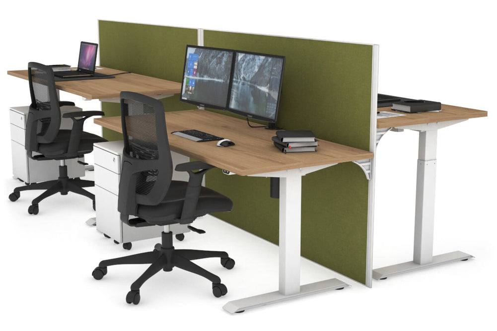 Just Right Height Adjustable 4 Person Bench Workstation [1400L x 700W]-white leg salvage oak green moss (1200H x 1400W)