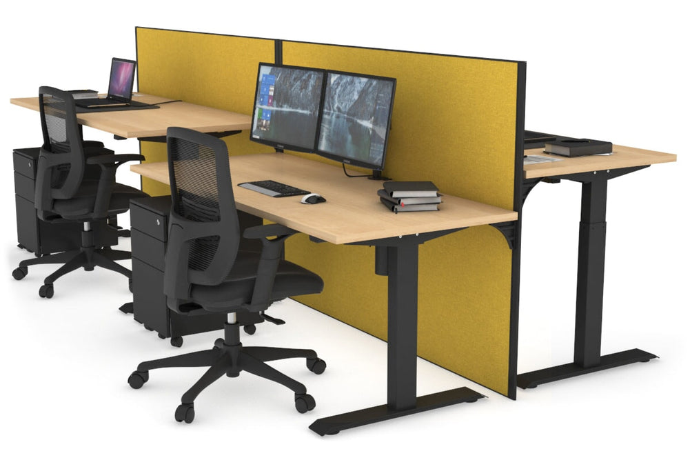 Just Right Height Adjustable 4 Person Bench Workstation [1400L x 700W]-black leg maple mustard yellow (1200H x 1400W)