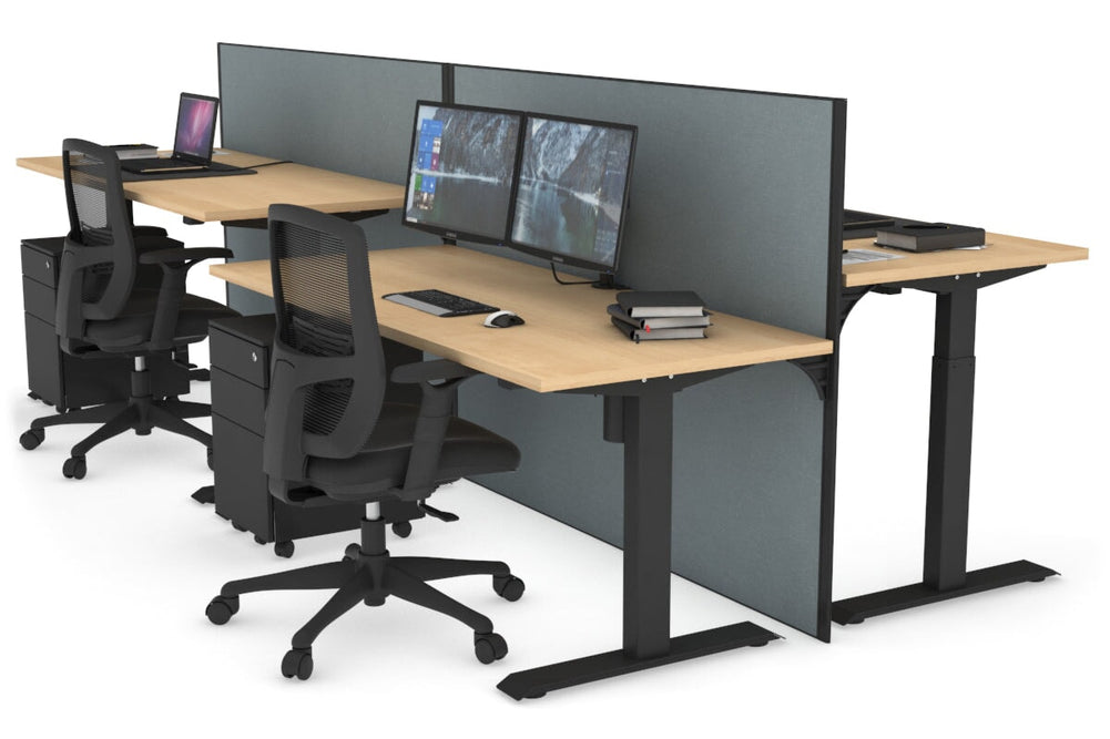 Just Right Height Adjustable 4 Person Bench Workstation [1400L x 700W]-black leg maple cool grey (1200H x 1400W)