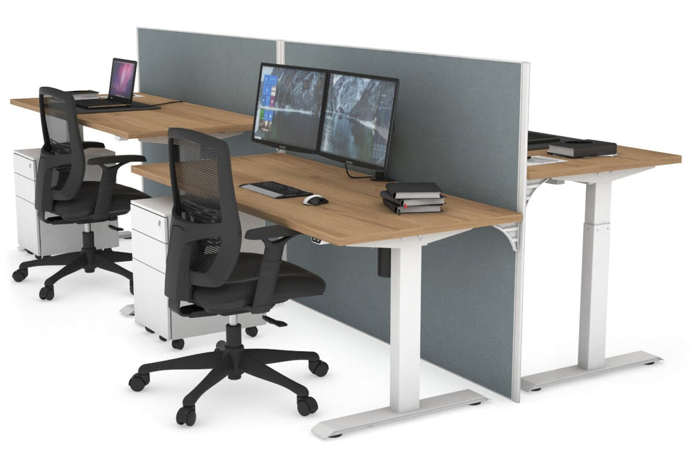 Just Right Height Adjustable 4 Person Bench Workstation [1400L x 700W]-white leg salvage oak cool grey (1200H x 1400W)