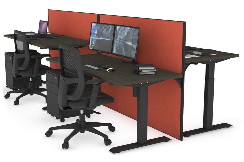 Just Right Height Adjustable 4 Person Bench Workstation [1400L x 700W]-black leg dark oak orange squash (1200H x 1400W)