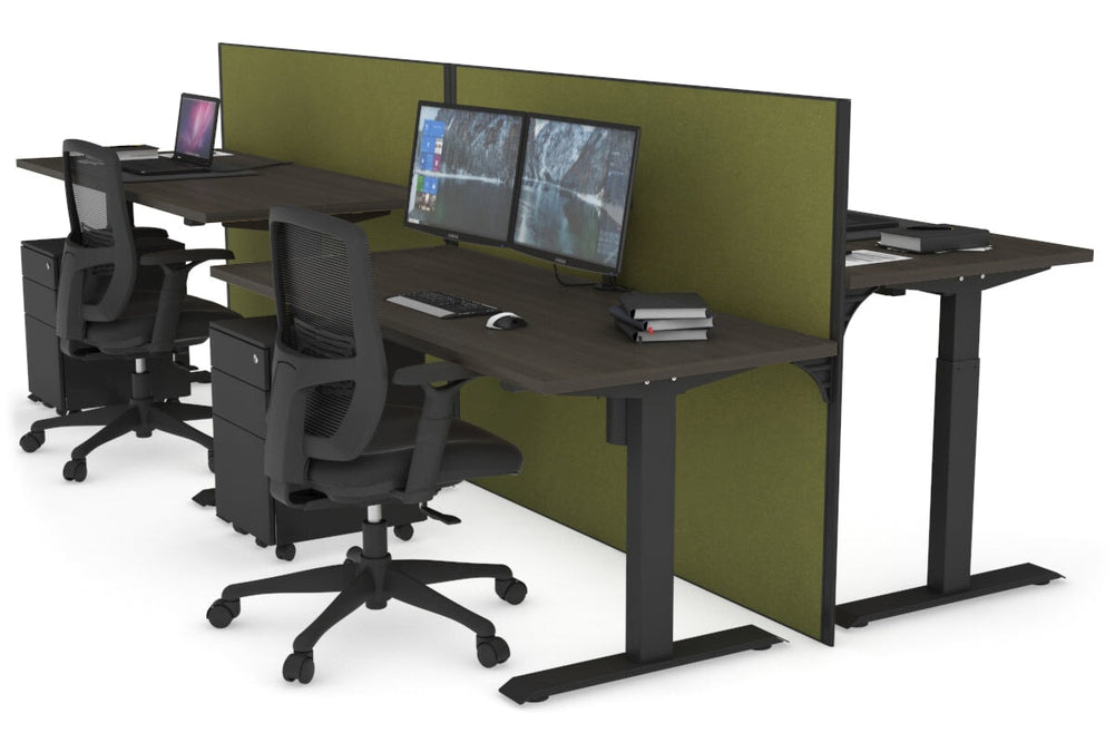 Just Right Height Adjustable 4 Person Bench Workstation [1400L x 700W]-black leg dark oak green moss (1200H x 1400W)