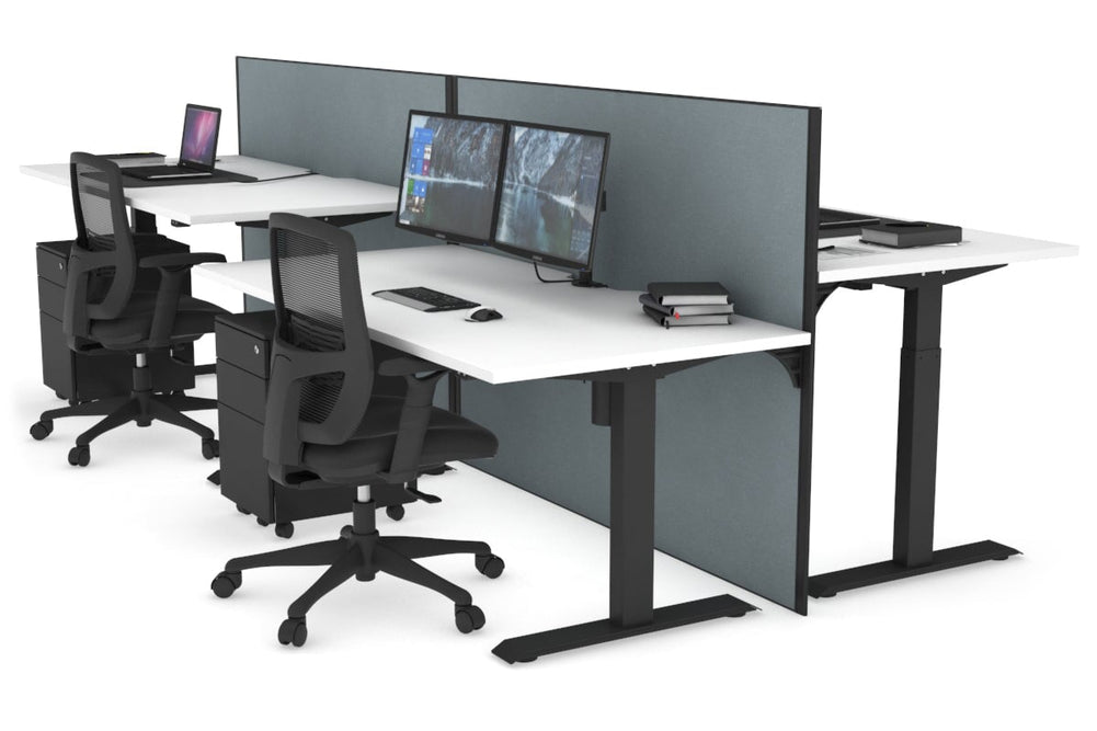 Just Right Height Adjustable 4 Person Bench Workstation [1400L x 800W with Cable Scallop]-black leg white cool grey (1200H x 1400W)