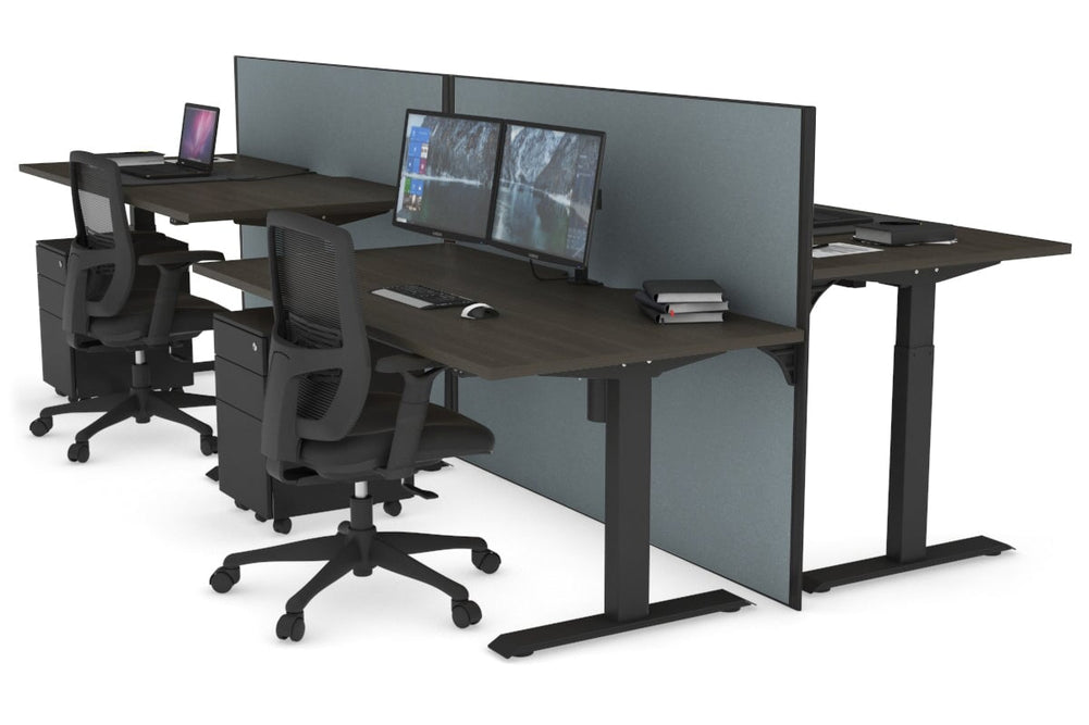Just Right Height Adjustable 4 Person Bench Workstation [1400L x 800W with Cable Scallop]-black leg dark oak cool grey (1200H x 1400W)