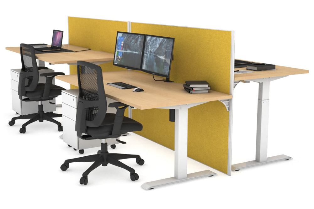 Just Right Height Adjustable 4 Person Bench Workstation [1400L x 800W with Cable Scallop]-white leg maple mustard yellow (1200H x 1400W)