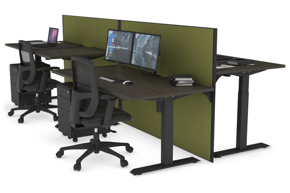 Just Right Height Adjustable 4 Person Bench Workstation [1400L x 800W with Cable Scallop]-black leg dark oak green moss (1200H x 1400W)