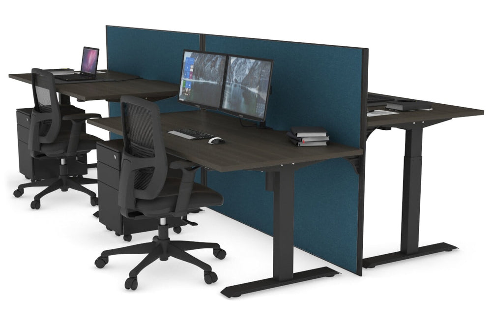 Just Right Height Adjustable 4 Person Bench Workstation [1400L x 800W with Cable Scallop]-black leg dark oak deep blue (1200H x 1400W)