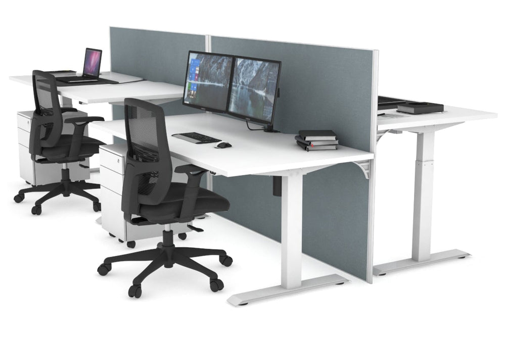 Just Right Height Adjustable 4 Person Bench Workstation [1400L x 800W with Cable Scallop]-white leg white cool grey (1200H x 1400W)