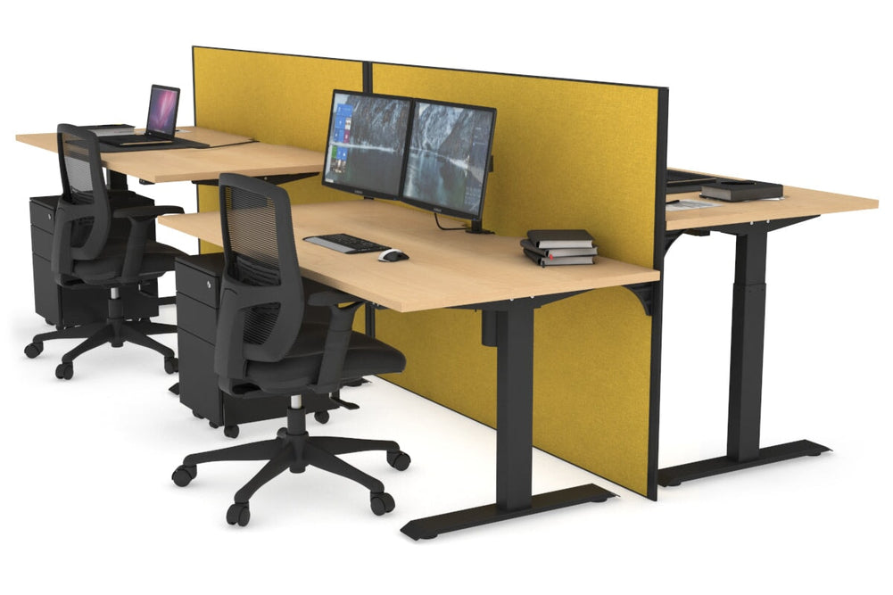 Just Right Height Adjustable 4 Person Bench Workstation [1400L x 800W with Cable Scallop]-black leg maple mustard yellow (1200H x 1400W)