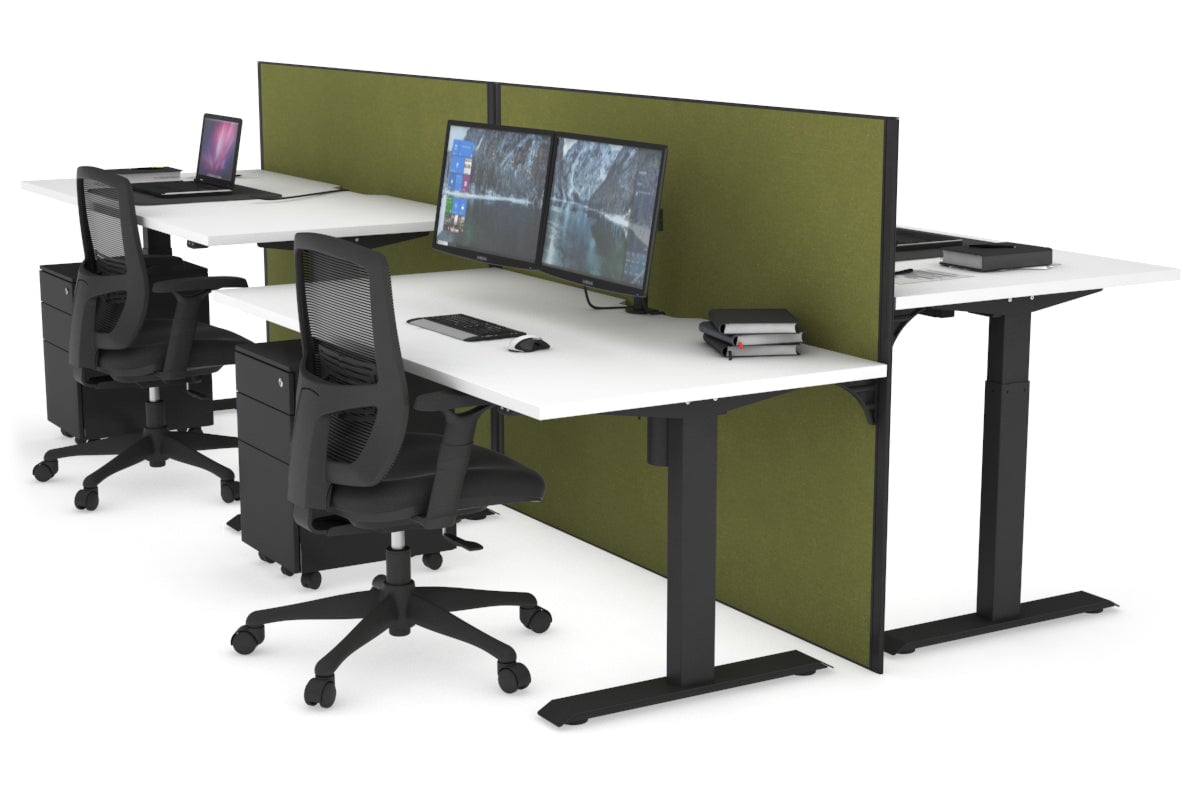 Just Right Height Adjustable 4 Person Bench Workstation [1400L x 800W with Cable Scallop] Jasonl black leg white green moss (1200H x 1200W)