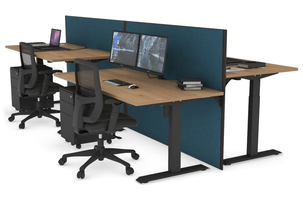 Just Right Height Adjustable 4 Person Bench Workstation [1400L x 800W with Cable Scallop]-black leg salvage oak deep blue (1200H x 1400W)